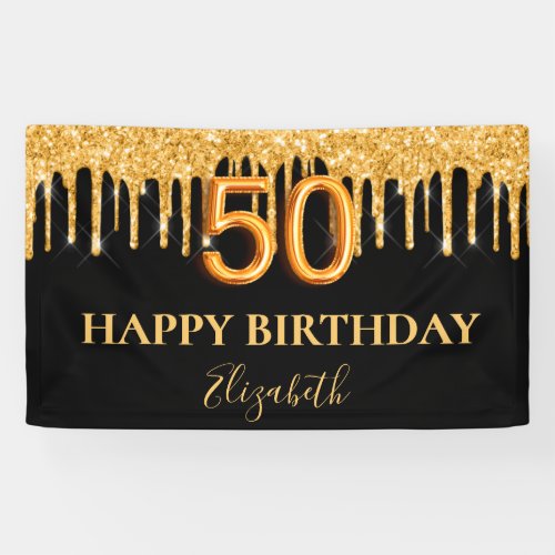 50th birthday black gold glitter drips name banner