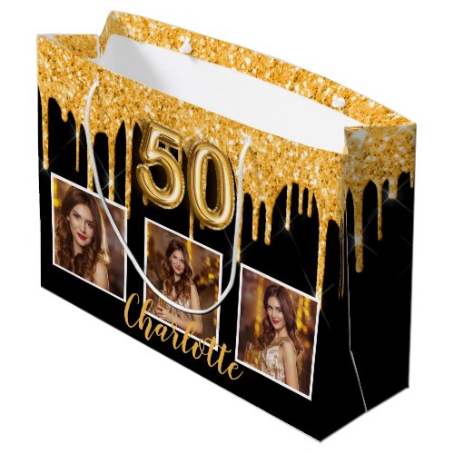 50th birthday black gold glitter drips photo large gift bag