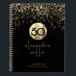 50th Birthday Black Gold Glitter Guestbook Notebook<br><div class="desc">Elegant 50th Black Birthday Party Celebration Guestbook Gold Glitter Sparkle Brushed Metal Name Feminine Script Custom Text Template Guest Book</div>