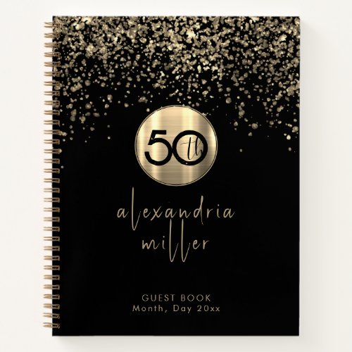 50th Birthday Black Gold Glitter Guestbook Notebook