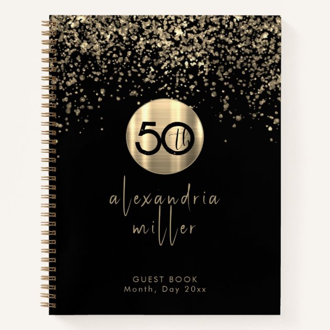 50th Birthday Black Gold Glitter Guestbook Notebook (Front)