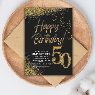 50th Birthday Black & Gold Glitter Modern Invitation