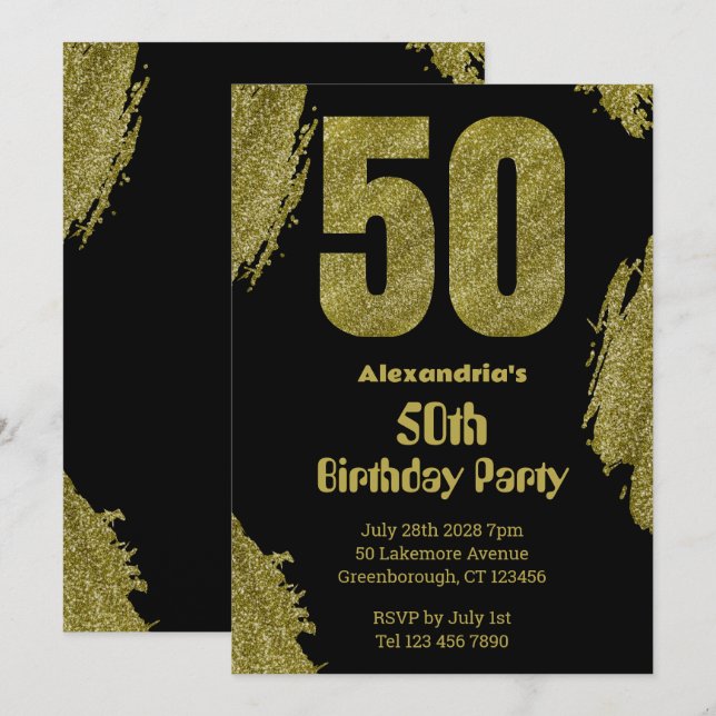 50th birthday black gold glitter party invitation (Front/Back)