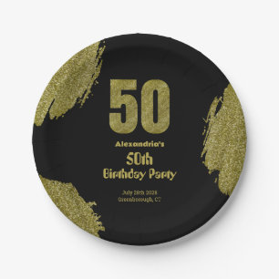 50th birthday black gold glitter party paper plates