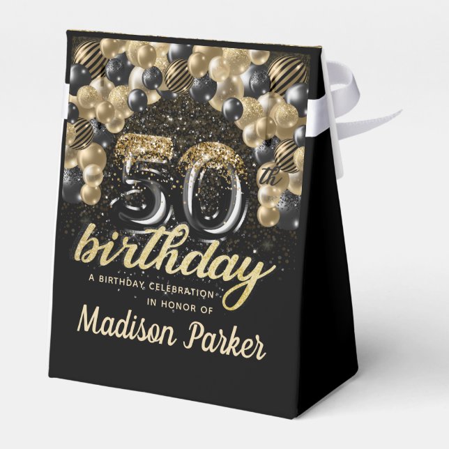 50th Birthday Black Gold Glitter Personalized Favor Boxes (Back Side)