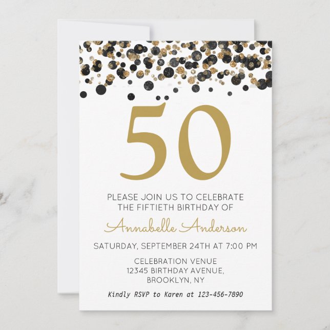 50th Birthday Black Gold Glitter Sparkle Confetti Invitation (Front)