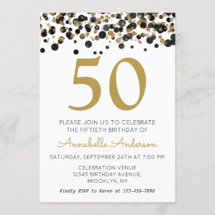 50th Birthday Black Gold Glitter Sparkle Confetti Invitation