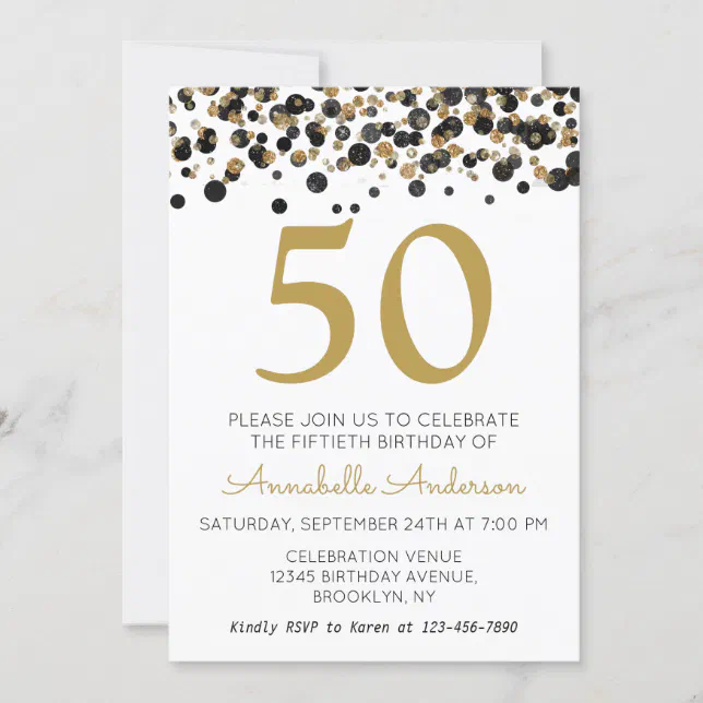 50th Birthday Black Gold Glitter Sparkle Confetti Invitation | Zazzle