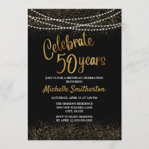 50th Birthday Black Gold Glitter String Lights Invitation
