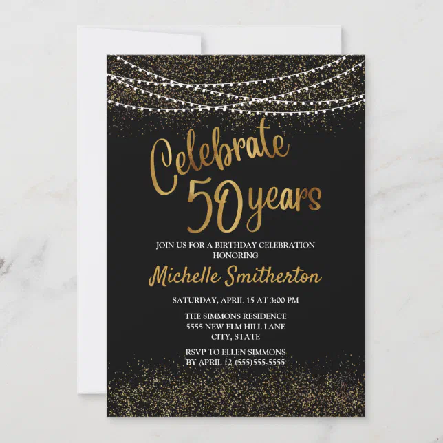 50th Birthday Black Gold Glitter String Lights Invitation | Zazzle