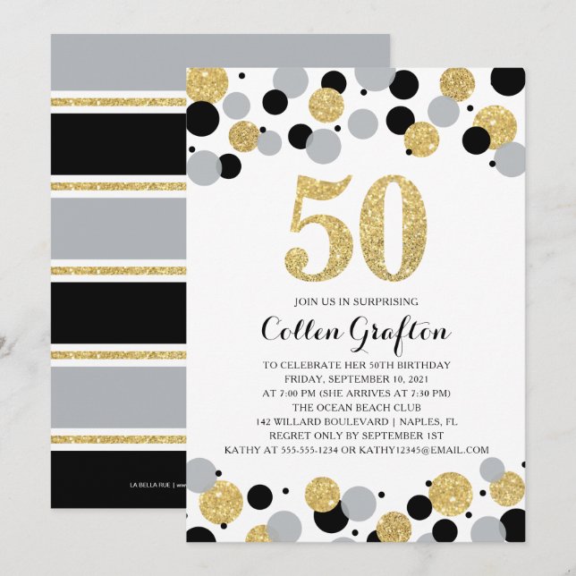 50th Birthday Black Gold Gray Glitter Confetti Invitation (Front/Back)