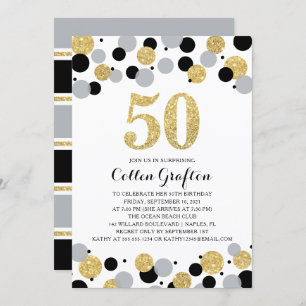 50th Birthday Black Gold Gray Glitter Confetti Invitation