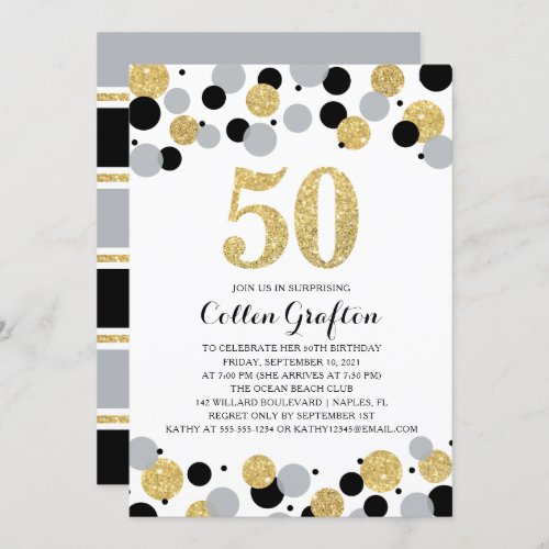 50th Birthday Black Gold Gray Glitter Confetti Invitation