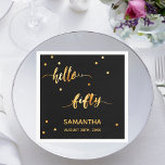 50th birthday black gold hello 50 name script napkins<br><div class="desc">Elegant and modern for a 50th birthday party.  Black backdrop and faux gold text written with a trendy hand-lettered style script: hello fifty. With golden dots as decor.  Templates for a name and date.</div>