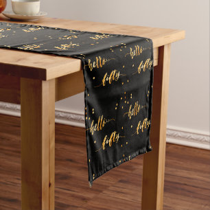 50th birthday black gold hello 50 typography short table runner
