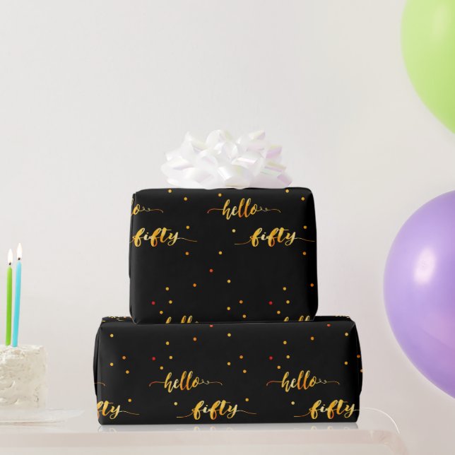 50th birthday black gold hello 50 typography wrapping paper (Party Gifts)