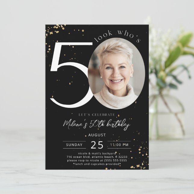 50th Birthday Black Gold Invitation with Photo (Standing Front)