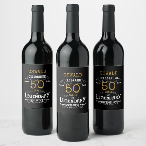 50th Birthday Black Gold Legendary Funny Wine Label