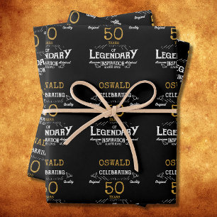 50th Birthday Black Gold Legendary Retro Wrapping Paper Sheets