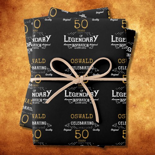 50th Birthday Black Gold  Legendary Retro Wrapping Paper Sheets