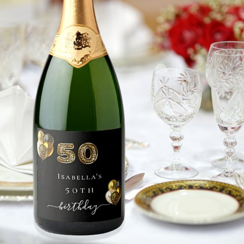 50th birthday black gold leopard animal sparkling wine label