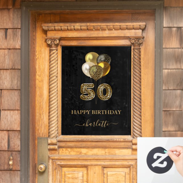 50th birthday black gold leopard name script window cling (Home Door)