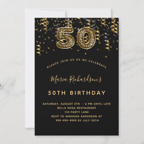 50th birthday black gold leopard pattern confetti invitation