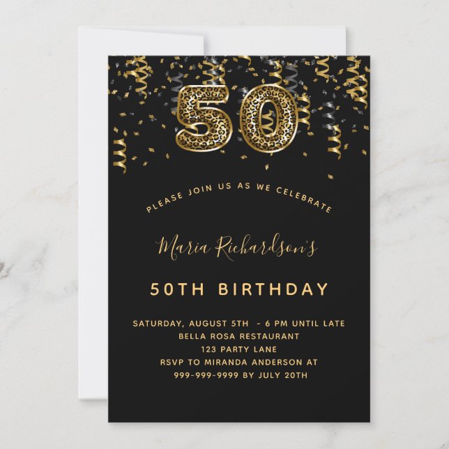 50th birthday black gold Leopard print confetti Invitation (Front)