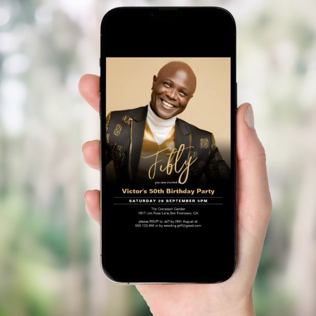 50th Birthday Black Gold Minimal Modern Photo Invitation (Front Digital)