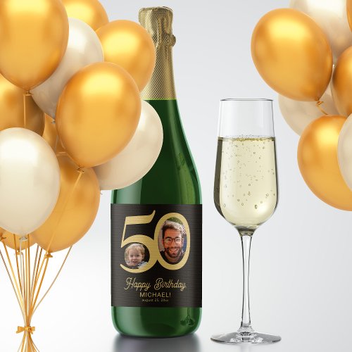 50th birthday black gold modern photo sparkling wine label