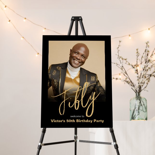 50th Birthday Black Gold Modern Photo Welcome Foam Board (In Situ (Stand))