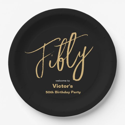 50th Birthday Black Gold Modern Typography Custom Paper Plates