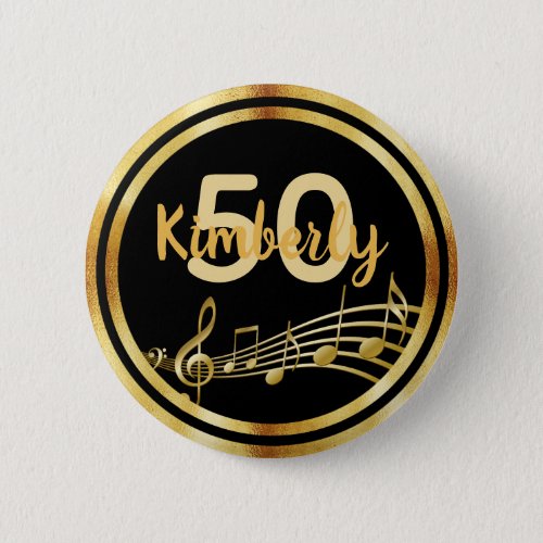 50th birthday black gold music notes button