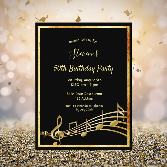 50th birthday black gold music notes invitation (Creator Uploaded)