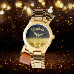 50th birthday black gold  name watch<br><div class="desc">Elegant,  classic,  glamorous and feminine.  A faux gold colored bow and ribbon with golden glitter and sparkle,  a bit of bling and luxury for a birthday gift or keepsake.  Black background. Templates for her name,  and the age 50. The name is written with a modern hand lettered style script.</div>