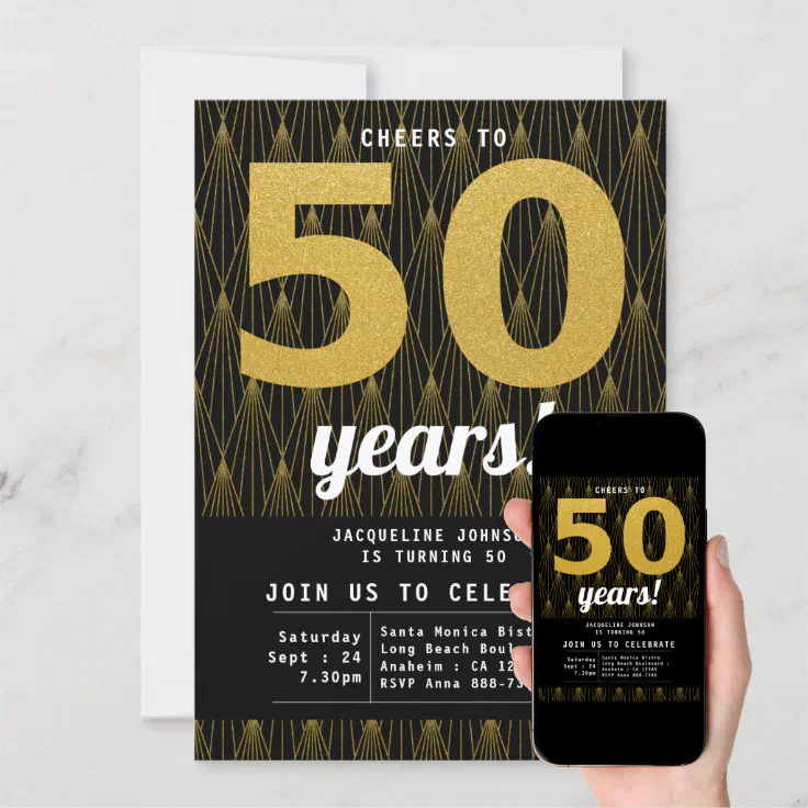 50th Birthday Black Gold Party Invitation | Zazzle