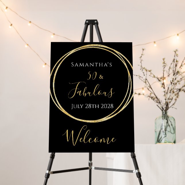 50th Birthday Black Gold Party Welcome Sign (In Situ (Stand))
