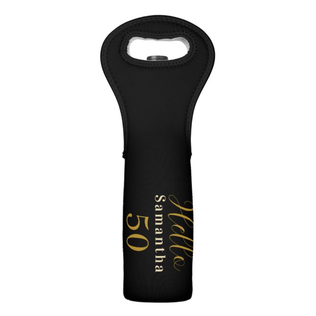 50th Birthday Black Gold Personalized Birthday Wine Bag (Front)