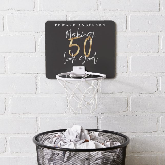 50th birthday black gold personalized gift favor mini basketball hoop (In Situ)