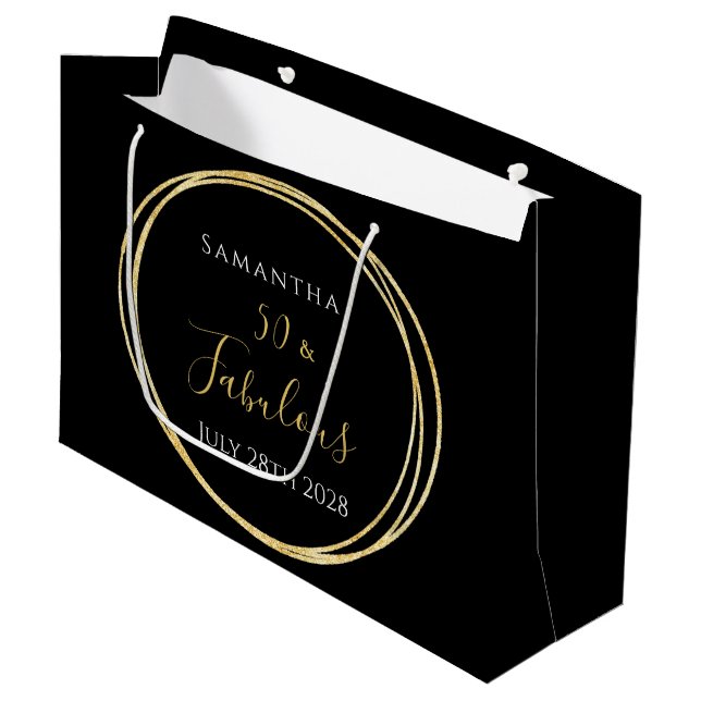 50th Birthday Black Gold Personalized Large Gift Bag (Front Angled)