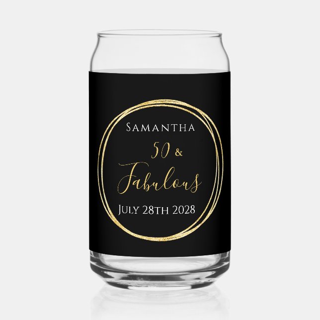 50th Birthday Black Gold Personalized Party Favor Can Glass (Front)