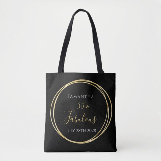 50th Birthday Black Gold Personalized Tote Bag (Front)