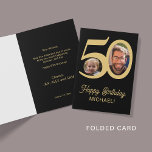 50th birthday black gold photo card<br><div class="desc">Trendy bold age typography 50 years man birthday funny folded greeting card template with 2 photos and modern retro style script. Easy to personalize with your text and pictures on both sides. Digital download available.</div>