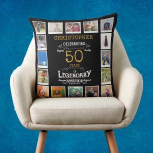 50th Birthday Black Gold Photo Collage Throw Pillow