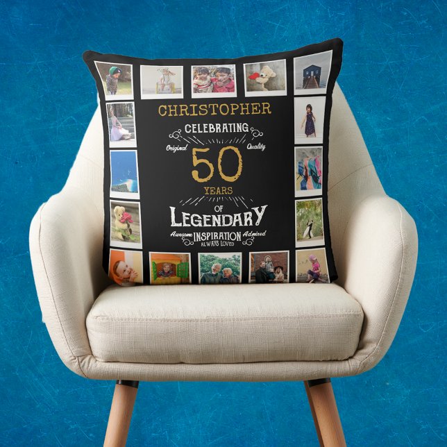 50th Birthday Black Gold Photo Collage Throw Pillow (Personalized 50th birthday gift throw pillow with 16 photos of your choice.)