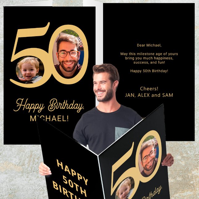 50th birthday black gold photo extra large card (Creator Uploaded)