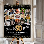 50th Birthday Black Gold Photo Party Foam Board<br><div class="desc">Elegant 50th birthday party picture foam board sign featuring a stylish black background that can be changed to any color,  a 15 photo collage through the years,  the saying 'cheers to 50 years',  gold glitter edges,  their name,  and the date of the celebration.</div>