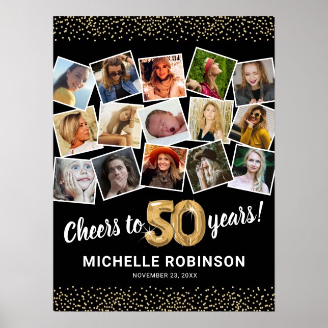 50th Birthday Black Gold Photo Party Poster (Front)