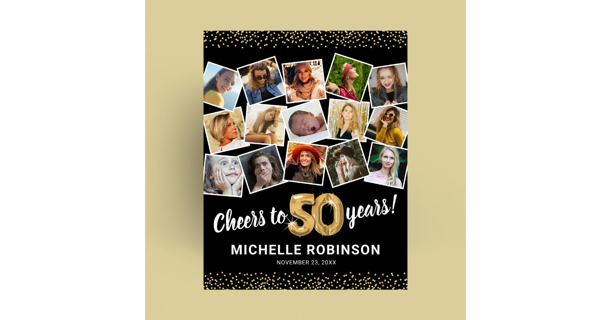 50th Birthday Black Gold Photo Party Poster | Zazzle