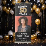 50th Birthday Black Gold Photo Retractable Banner<br><div class="desc">Elegant 50th birthday party retractable banner featuring a stylish black background that can be changed to any color,  gold sparkly glitter,  fifty gold hellium balloons,  a photo of the birthday girl or boy,  the celebration saying "happy birthday",  and their name.</div>